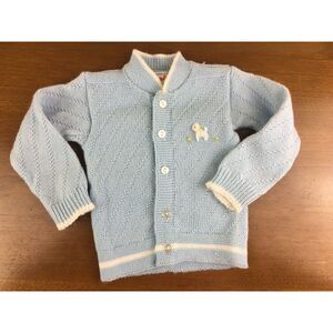 VTG Cardinal Baby Blue 3 Month Knit Button Cardigan Boys Embroidered Animal